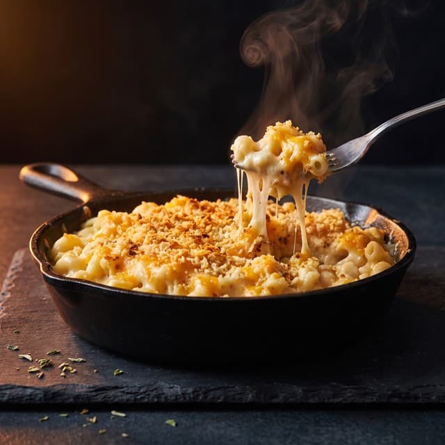 High protein mac and cheese in a cast iron skillet